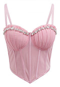 Pear-Shaped Rhinestone Pleated Mesh Bra Top in Pink
