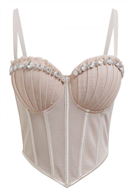 Pear-Shaped Rhinestone Pleated Mesh Bra Top in Nude