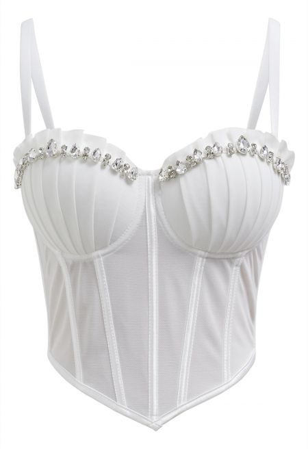 Pear-Shaped Rhinestone Pleated Mesh Bra Top in White