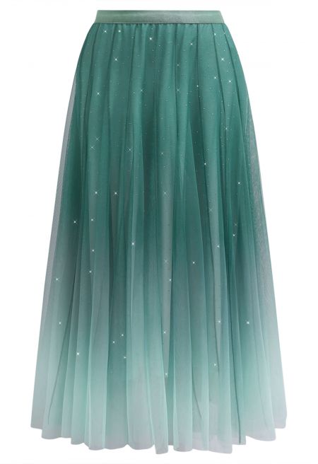 Gradient Mesh Sequined Maxi Skirt in Green