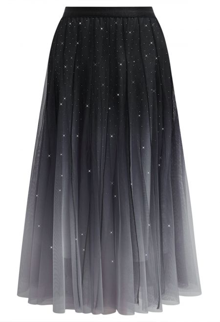 Gradient Mesh Sequined Maxi Skirt in Black