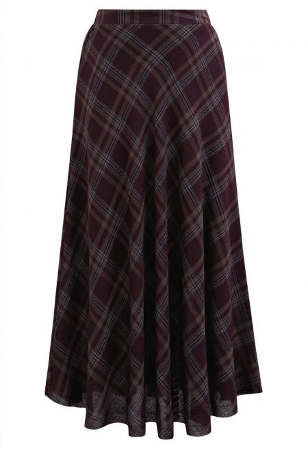 Plaid Charm Half Elasticated Waistband Maxi Skirt in Plum