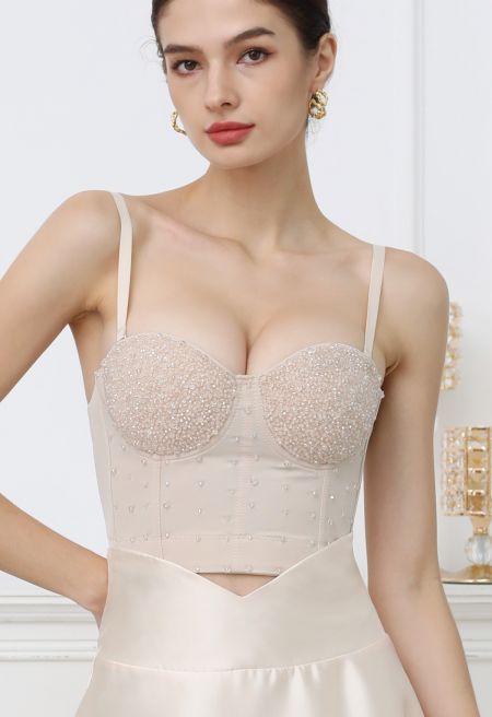 Rhinestone Embellished Corset Push-Up Bra Top in Apricot