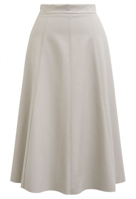 Soft Faux Leather Seamed A-Line Skirt in Ivory