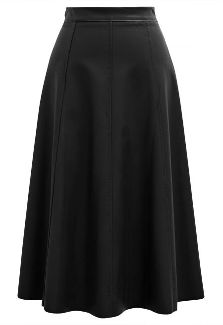 Soft Faux Leather Seamed A-Line Skirt in Black