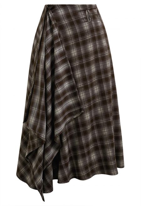 Edgy Plaid Asymmetric Flap High Waist Midi Skirt