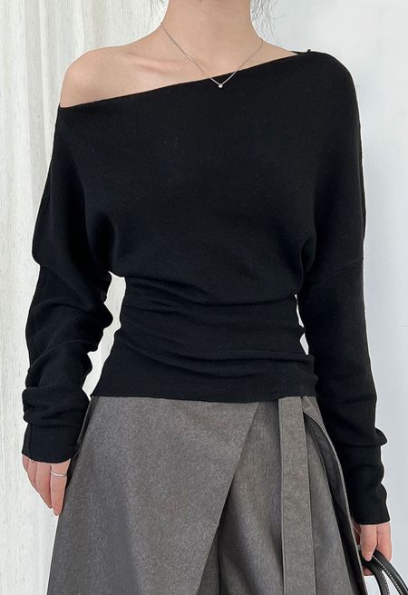 Slant Shoulder Batwing Sleeve Wool-Blend Knit Top in Black
