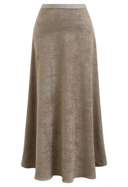 Faux Suede Elastic-Waist Maxi Skirt in Sand