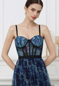 Blooming Daisy Pleated Mesh Bustier Top in Indigo