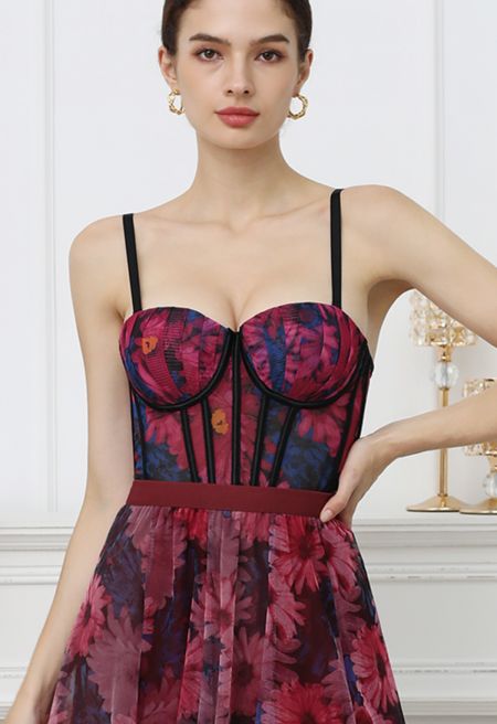 Blooming Daisy Pleated Mesh Bustier Top in Magenta