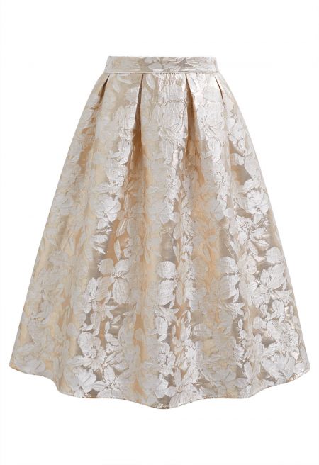 Metallic-Sheened Jacquard Embossed A-Line Midi Skirt in Champagne