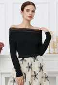 Off-Shoulder Mesh Spliced Top in Black