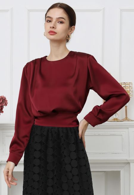 Satin Tie Back Long Sleeves Top in Burgundy