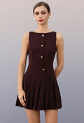 Boat Neck Pleated Button Decor Sleeveless Mini Dress in Plum