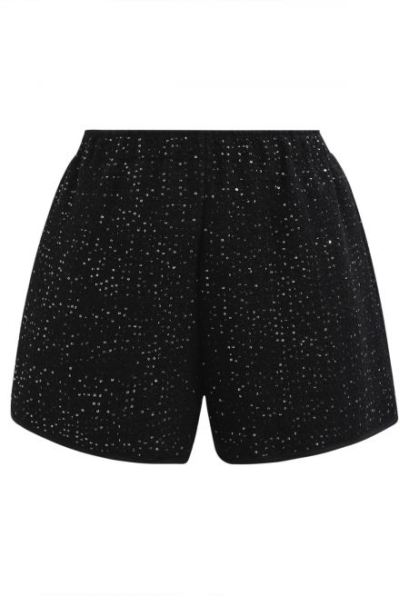 Sparkling Sequins Elastic-Waist Tweed Shorts in Black