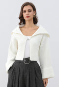 Toggle Clasp Flap Collar Rib Knit Cardigan in White