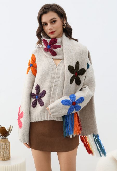 3D Colorful Crochet Flower Knit Cardigan with Tassel Scarf