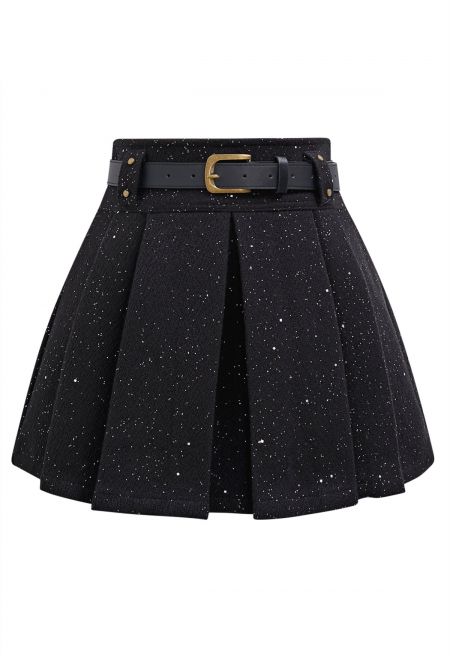 Shimmery Pleated Belted Mini Skirt in Black