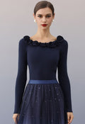 3D Floral Neck Fitted Rib Knit Top in Navy