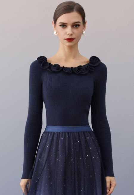 3D Floral Neck Fitted Rib Knit Top in Navy
