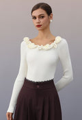 3D Floral Neck Fitted Rib Knit Top in Ivory