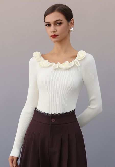 3D Floral Neck Fitted Rib Knit Top in Ivory