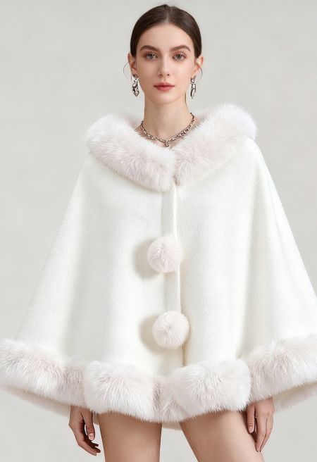 Faux Fur Trimmed Pom-Pom Poncho