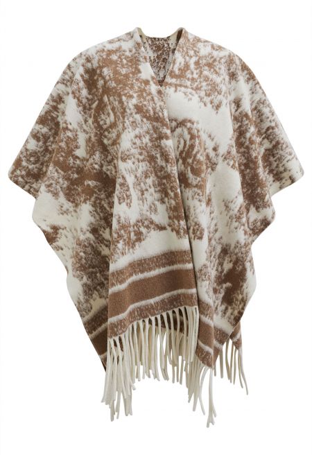 Abstract Ink Dye Fringed Poncho in Brown