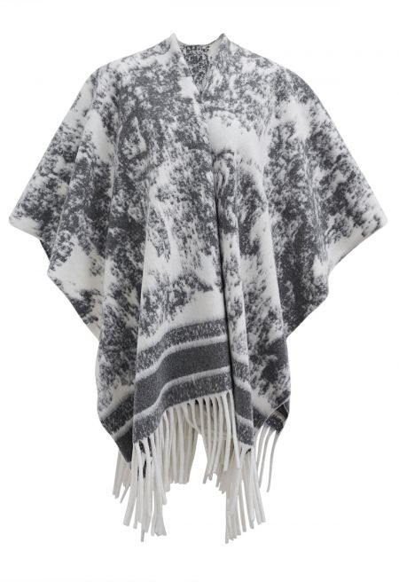 Abstract Ink Dye Fringed Poncho in Smoke