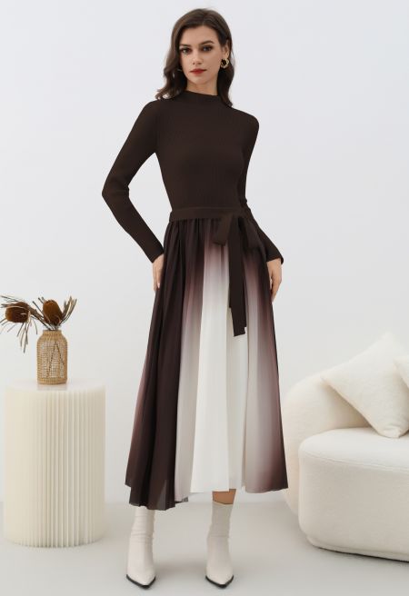 Ombre Pleated Spliced Knit Belted Dress in Brown