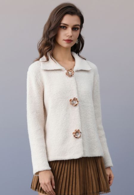 Marbled Resin Floral Button Knit Cardigan in Cream