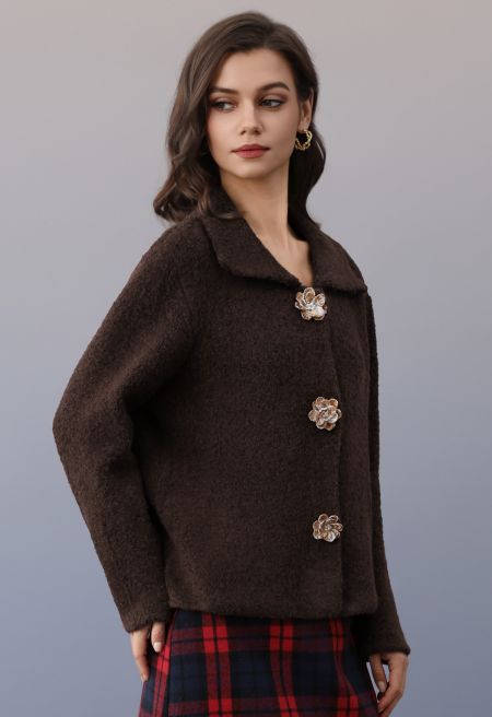 Marbled Resin Floral Button Knit Cardigan in Brown