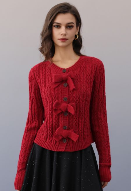 Hollow Out Bowknot Button Cable Knit Cardigan in Red