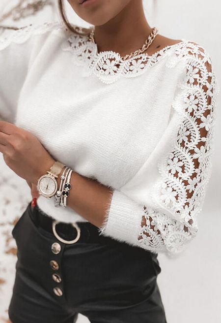 Inviting Lace Trim Fuzzy Knit Sweater