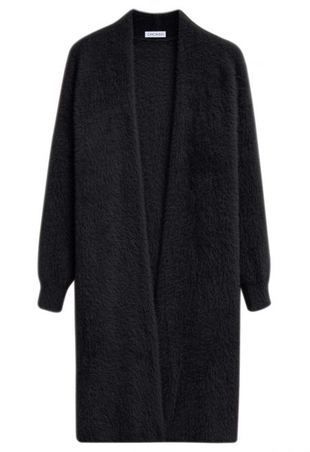 Cloud Touch Fuzzy Knit Longline Cardigan in Black