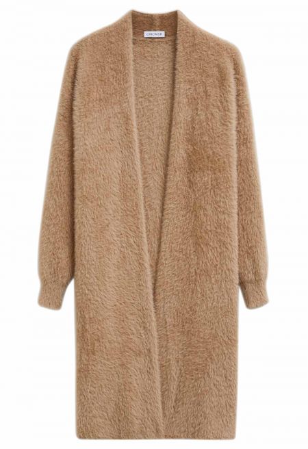 Cloud Touch Fuzzy Knit Longline Cardigan in Tan