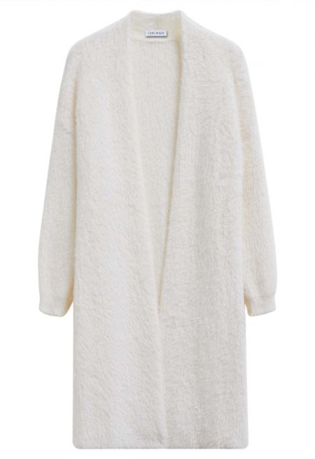 Cloud Touch Fuzzy Knit Longline Cardigan in Ivory