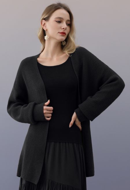 Modern Purity Waffle Texture Belted Knit Cardigan in Black
