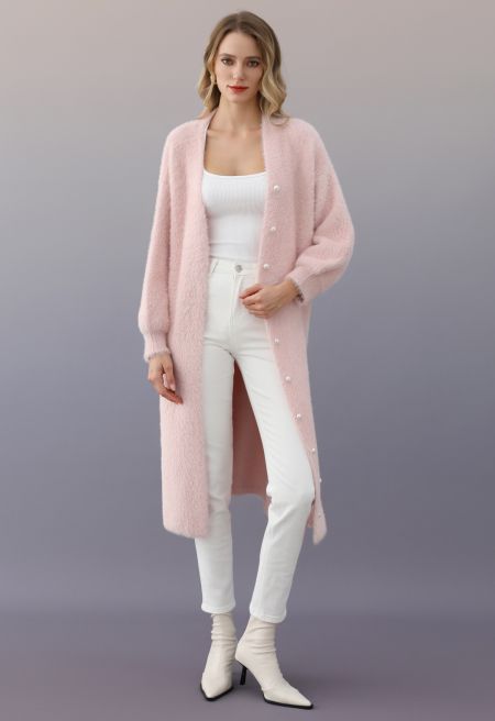 Comfy Fuzzy Pearl Edge Longline Knit Cardigan in Pink