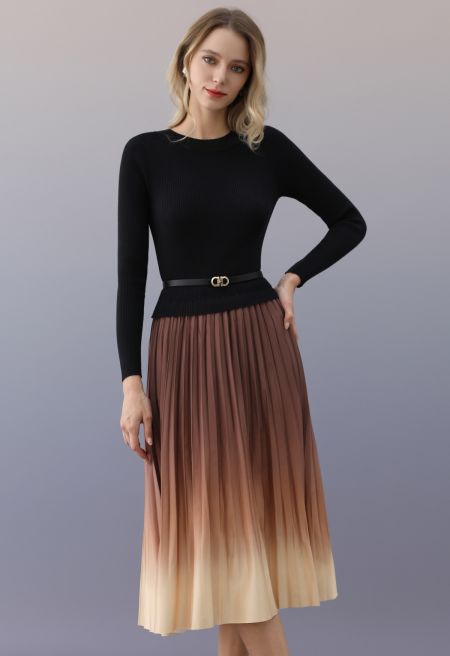 Caramel Ombre Pleated Spliced Knit Belted Dress