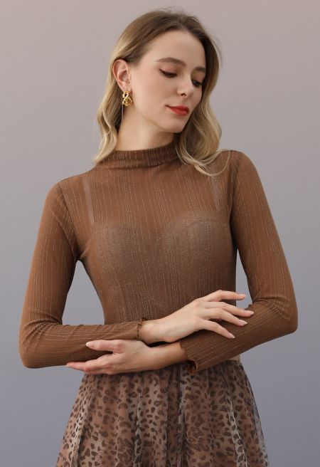 Metallic Thread Sheer Mesh Top in Brown