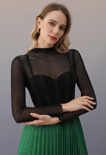Metallic Thread Sheer Mesh Top in Black