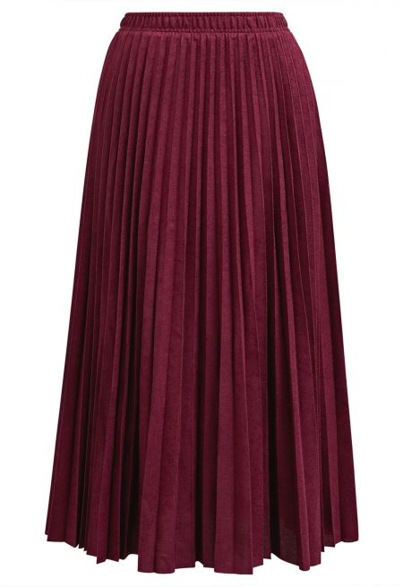 Retro-Inspired Suede Pleated Midi Skirt in Burgundy