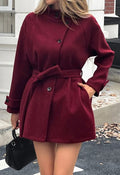 Discreet Elegance Collared Tie-Waist Buttoned Coat in Burgundy