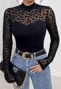 Fanciful Velvet Heart Pattern Mesh Spliced Top