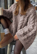 Roomy Chunky Cable Longline Knit Sweater in Deep Taupe
