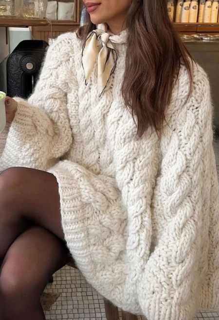 Roomy Chunky Cable Longline Knit Sweater in Ivory