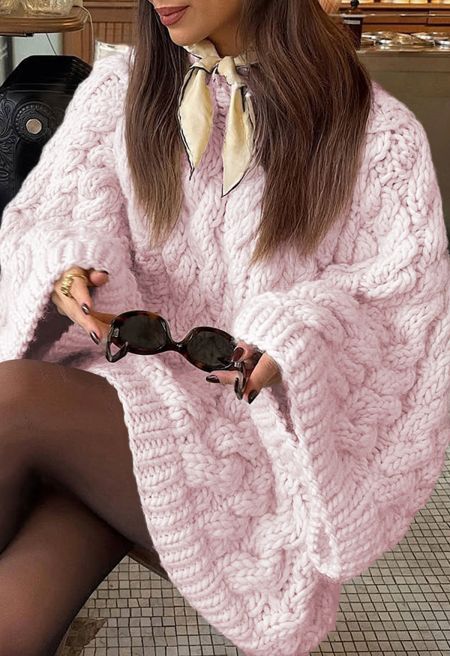 Roomy Chunky Cable Longline Knit Sweater in Pink