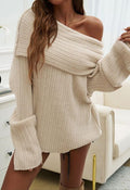 Lazy Flap Off-Shoulder Ribbed Longline Knit Sweater in Sand