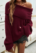 Lazy Flap Off-Shoulder Ribbed Longline Knit Sweater in Burgundy